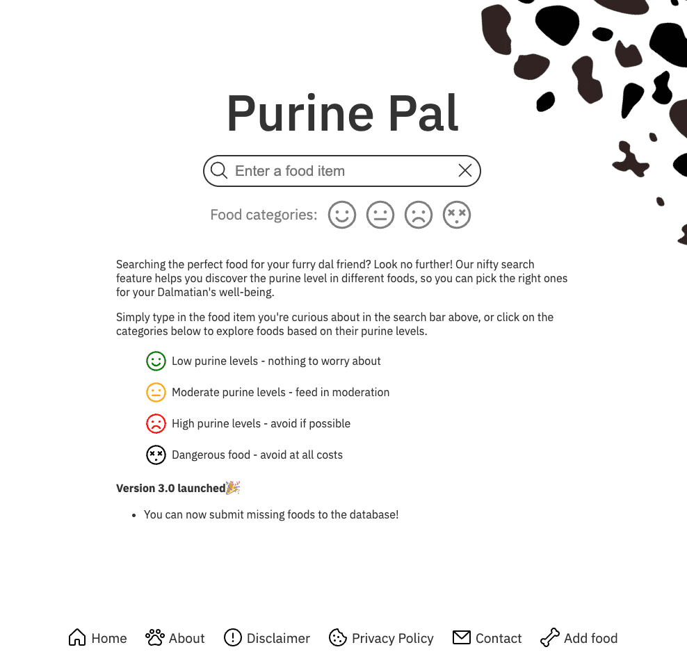 Screenshot of front page of the site Purine-Pal.org