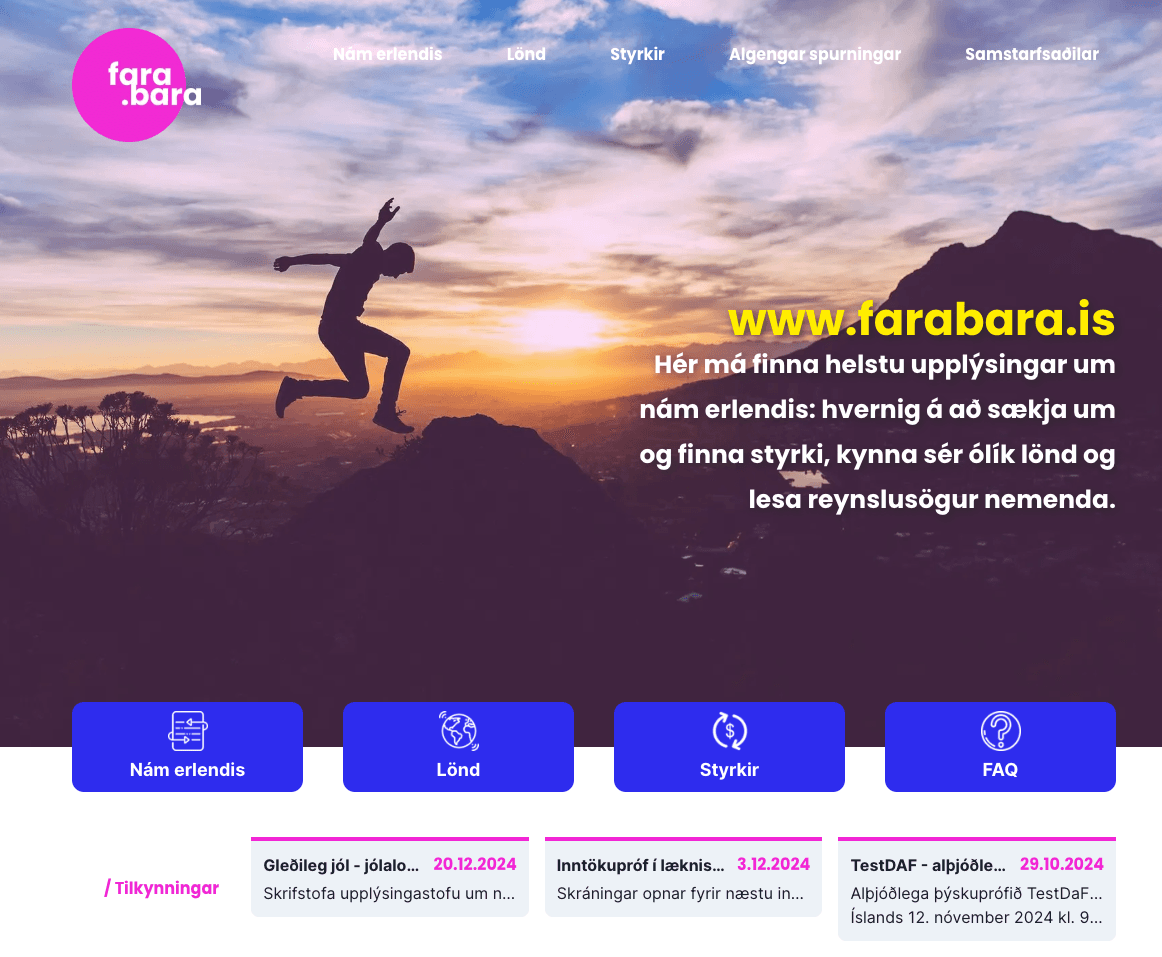 Screenshot of front page of the site Farabara.is