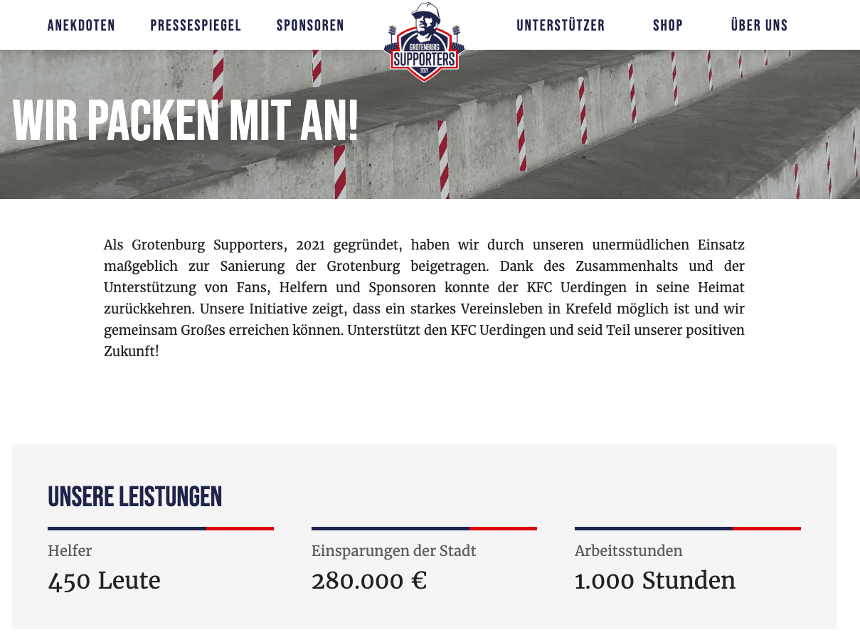 Screenshot of front page of the site Grotenburg-Supporters.de