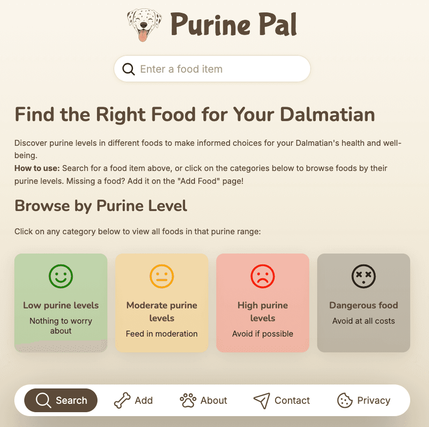 Screenshot of front page of the site Purine-Pal.org