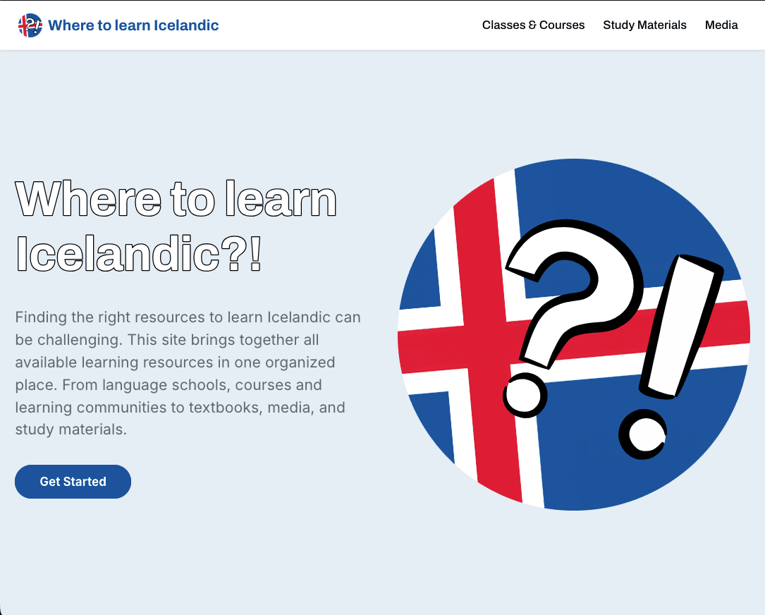 Screenshot of the website wheretolearnicelandic.org